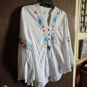 Tasha Polizzi White Cotton Tunic with Blue and Pink Floral Embroidery